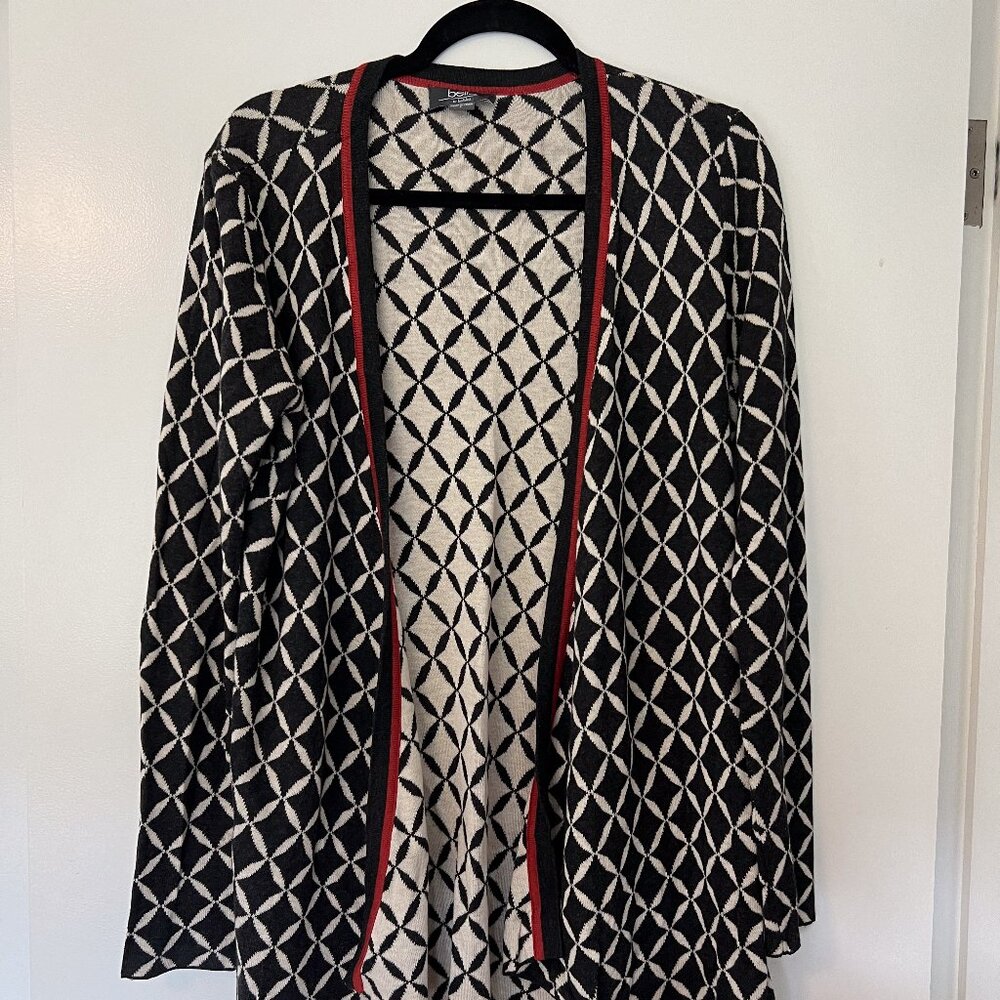 Grey, cream and orange print, long sweater